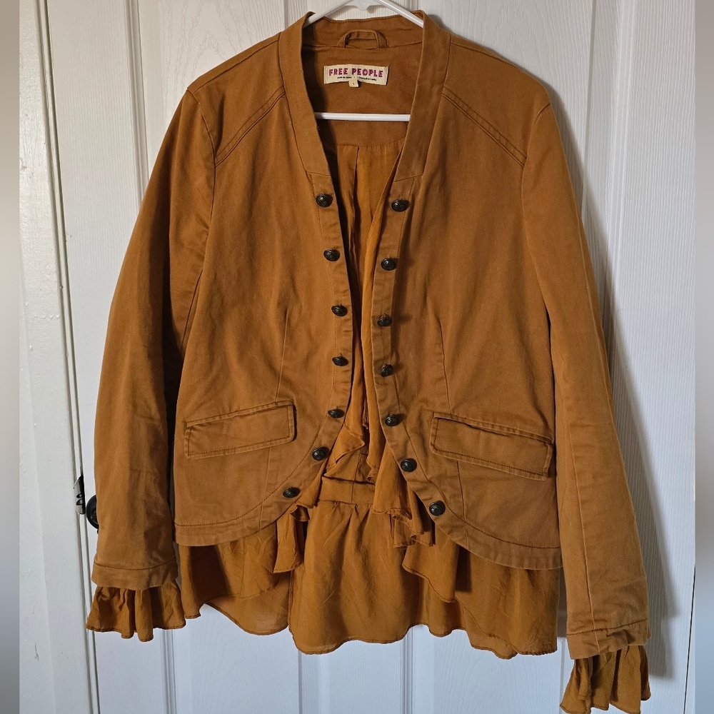 Free People Brown Blazer with Ruffle Hem